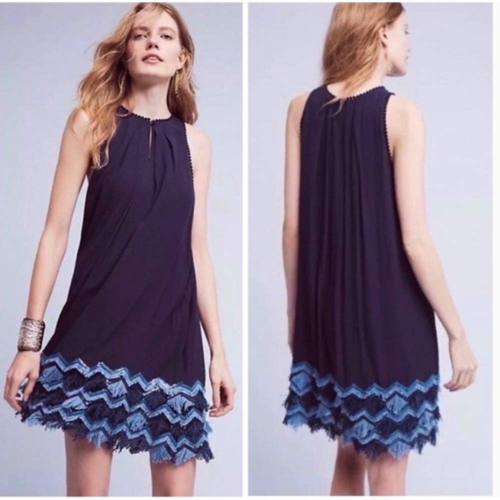 Maeve Festivity Swing Dress Size 4P Navy Blue Fringe Sequin Trim Split Neck Boho